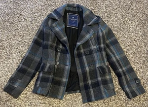 American Eagle Pea Mantel Kapuze Jacke grau blau kariert Wollmischung Damen S - Bild 1 von 7
