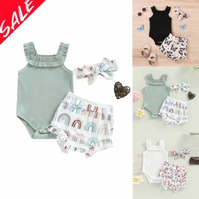 3Pcs Newborn Baby Girl Floral Romper Tops Bowknot Shorts Headband Outfits Set - image 1 of 4