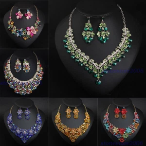 Crystal Necklace Earrings Jewelry Set Bridal Wedding Party Statement Choker Bibs - Picture 1 of 64