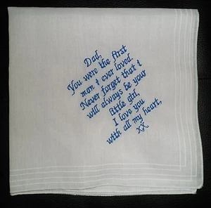 PERSONALISED WEDDING KEEPSAKE HANDKERCHIEF HANKIE BRIDE TO DAD - Picture 1 of 3