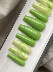 🔥CUSTOM Gel Press On False Nails, GREEN W Marble, 10 P Set W/ FULL KIT - Picture 1 of 9