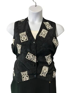 Vintage beaded tribal print black sz M button up tie back v neck waistcoat vest - Picture 1 of 15
