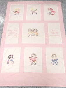 Vintage Hand Embroidered Baby Crib Quilt Pink Children Playing 1980s - Picture 1 of 12