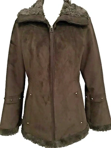 Vintage brauner Wildledermantel Kunstfell gefüttert Hilary Radley durchgehender Reißverschluss Jacke Damen Small - Bild 1 von 7