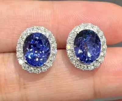 Pendientes de Tanzanita Azul Natural y Pendientes de Diamantes Tachuelas Oro Blanco 14k Foto 1 de 4