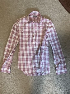 Express Fitted Women’s Button Up Shirt Pink White Plaid Long Sleeve XS - Picture 1 of 3