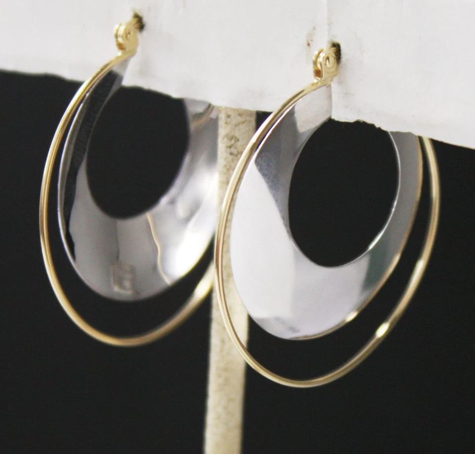 Pendientes modernistas de aro colgantes de dos tonos Italia 585 de oro macizo de 14 quilates 3,7 g Foto 1 de 1