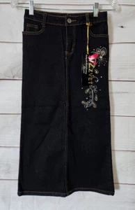 NWT Y2K Zzvet Jean Denim 12 Long Skirt Slit Stretch Dark Wash Maxi Rhinestone - Picture 1 of 14