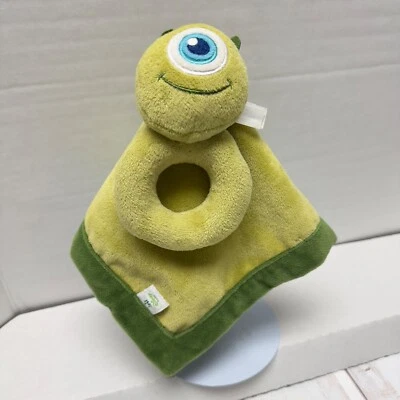 Disney Monsters Inc Mike One Eye 绿色婴儿安全毯 Lovey 摇铃戒指 — 第 1/4 张图片