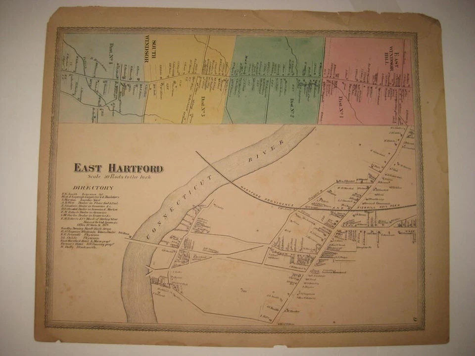 ANTIQUE 1869 EAST HARTFORD SOUTH WINDSOR HILL HARTFORD COUNTY CONNECTICUT MAP NR - Image 1 of 1