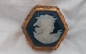 KAMEE SCHMUCK SCHMUCKKÄSTCHEN VINTAGE JAPAN METALL MARINEBLAU ELFENBEIN FARBE SAMT GEFÜTTERT - Bild 1 von 21