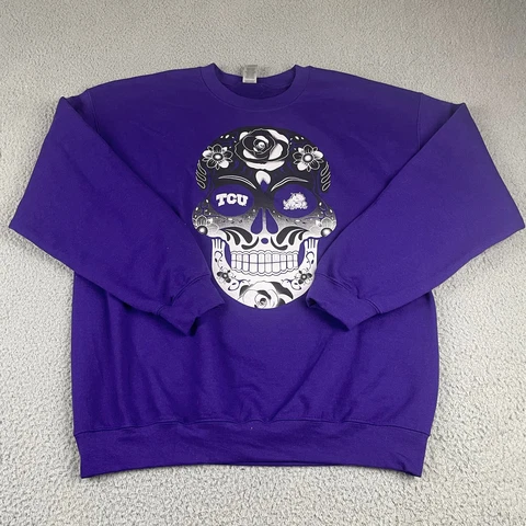 TCU Texas Christian University Shirt Mens Large Skull Horned Frogs Sweatshirt Cover