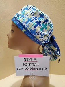 Crosses Blue Women's Ponytail Surgical Scrub Hat/Cap Handmade - Picture 1 of 9