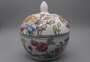 Vintage Hand Painted Floral Trinket Box / Candy Dish / Lidded Jar - 5.25" T - Picture 1 of 10
