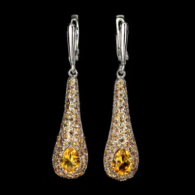 925 Orecchini Argento Sterling Pera Citrino Zaffiro Taglio Diamante Gemma Gioie - Immagine 1 di 4