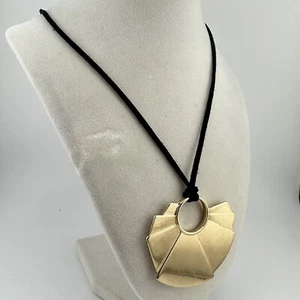 37” BCBGeneration Faux Suede Black Cord Gold Tone Abstract Fan Pendant Necklace - Picture 1 of 5