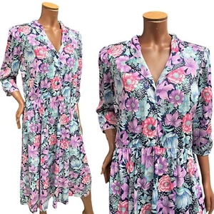 Vintage 80's Kleid 16 Blumenmuster Lila Retro Hemd True Midi Original - Bild 1 von 5