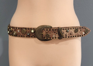NANNI Vintage Brown Distressed Crackled Medallion Jeweled Leather  1.5" Belt M/L