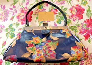 Patricia Nash BLUE FLORAL LeFleur Leather Handbag PURSE! Ferrara Frame~XLNT~NEW! - Picture 1 of 17