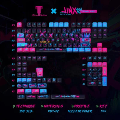 LOL Arcane Jinx Keycaps PBT 130/144 Keys Cherry MX Side-Lit Gift For RGB Keypads - Image 1 of 4