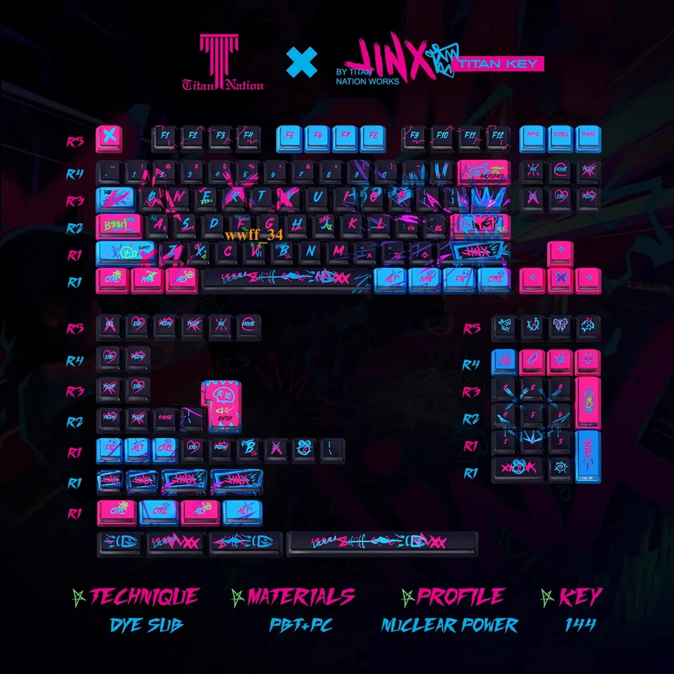 LOL Arcane Jinx Keycaps PBT 130/144 Keys Cherry MX Side-Lit Gift For RGB Keypads - Image 1 of 4