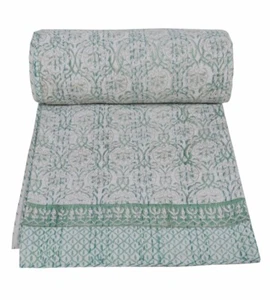 Indian Hand Block Print Queen Size Soft Cotton Kantha Blanket Bedspread Quilt - Picture 1 of 6