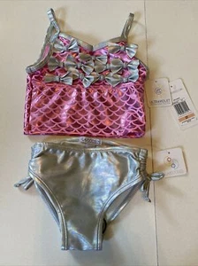Flapdoodles Girls Size 2T Pink Silver Two-piece Mermaid Bows Tankini Swimsuit - Picture 1 of 12