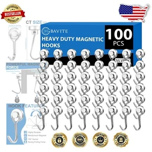 Pack of 100 Heavy-Duty 30LBS Silver Neodymium Magnetic Hooks - Versatile Use - Picture 1 of 8