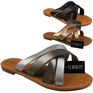 EE WIDE FIT Flats Mules Sliders Lounge Holidays Beach Comfy Summer Womens Sizes - Picture 1 of 10