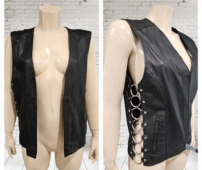 JR Mexico Men Genuine Black Leather Side Circle Rings Biker Rocker Bar Vest CH/S - Image 1 of 4