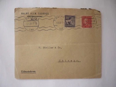 瑞典邮政历史封面-马来西亚 ALLM SJUKHUS-发布 1932 年 MALMO-芝加哥 — 第 1/2 张图片