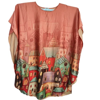 Blusa túnica pulóver 100 % seda colorida artística estampado boho para mujer talla única cubierta Foto 1 de 4