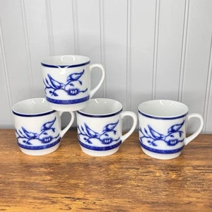 4 Williams Sonoma Blue White Tea Coffee Cup Mugs Bird Birds on The Branch - Picture 1 of 8