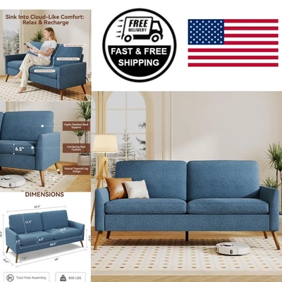 Sofá Loveseat Pequeño Moderno en Lino Azul con Cojín de Resorte y Marco Sólido Foto 1 de 4