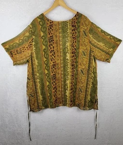 Whimsical Bohemian Top 3X Short Sleeve Pullover Tie Colorful Print Tunic Blouse - Picture 1 of 13