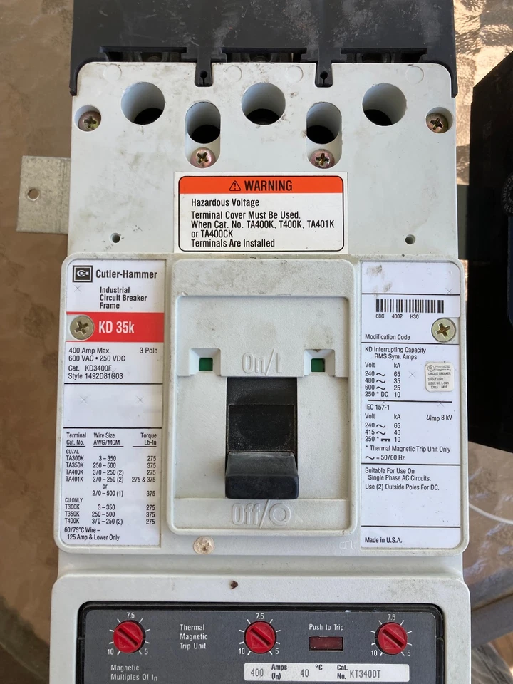EATONCUTLER HAMMER   KD35   KD3400F 400AMP  600V  3 Pole  Circuit Breaker  - Image 1 of 1