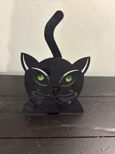Vintage Kerzenhalter Leuchte schwarze Katze mit grünen Glasaugen - Bild 1 von 7