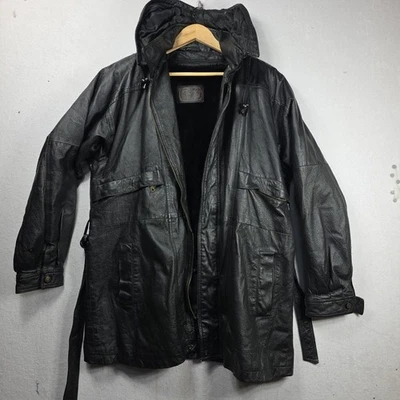 男式连帽腰带长款皮革夹克黑色风衣外套 Y2k 有衬里 — 第 1/4 张图片
