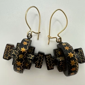 Antique Victorian 1870s Pique "faux" tortoise shell 14kt gold inlay earrings - Picture 1 of 8