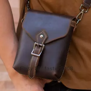 Retro Handmade Crazy Horse Leather Shoulder Messenger Bag Waist Bag Phone Bag - Picture 1 of 15