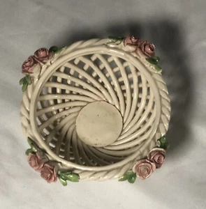 Vintage Antique Small Ivory Ceramic/Porcelain Lattice Woven Basket Bowl w/Roses - Picture 1 of 4