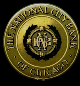 NATIONAL CITY BANK CHICAGO ILLINOIS HEAVY ROUND CELLULOID ADVERTISING MIRROR - Picture 1 of 1