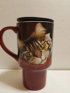 Lang Tassen Raubkatze Main Coon Tabby Katze Kaffee Tee Reisebecher Porzellan mit Deckel GUC - Bild 1 von 5