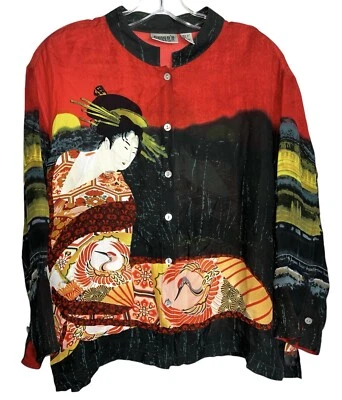 Blusa camisa abotonada 100 % seda diseño Chico's manga 3/4 geisha asiática Foto 1 de 3