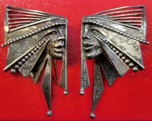 JANE VOORHEES Artist, Indian Chief Motif Signed Sterling And 14K Earrings - Picture 1 of 5