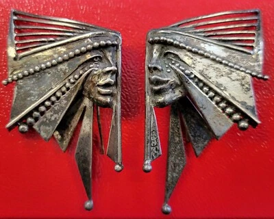 JANE VOORHEES Artist, Indian Chief Motif Signed Sterling And 14K Earrings - Image 1 of 4