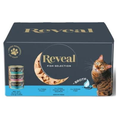 Reveal Comida Húmeda Natural para Gatos Pescado en Caldo Variedad Paquete 2.47oz 8 Latas Sin Granos Foto 1 de 4