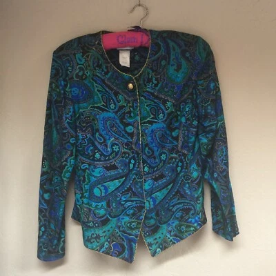 Chaqueta vintage Leslie Fay Ricky para mujer talla 14 azul cachemira ribete metálico dorado  Foto 1 de 4