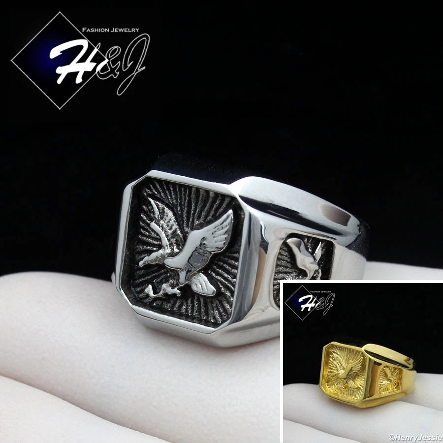 MEN Stainless Steel Silver/Black/Gold Plated EAGLE Square Ring Size 8-13*R122 - Image 1 of 1