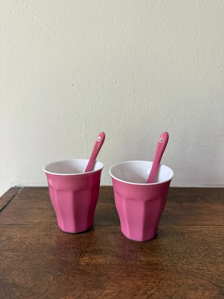 Vintage Espresso Cups and Stirrer Spoon Set of 2 in Pink Crate & Barrel - Image 1 of 4